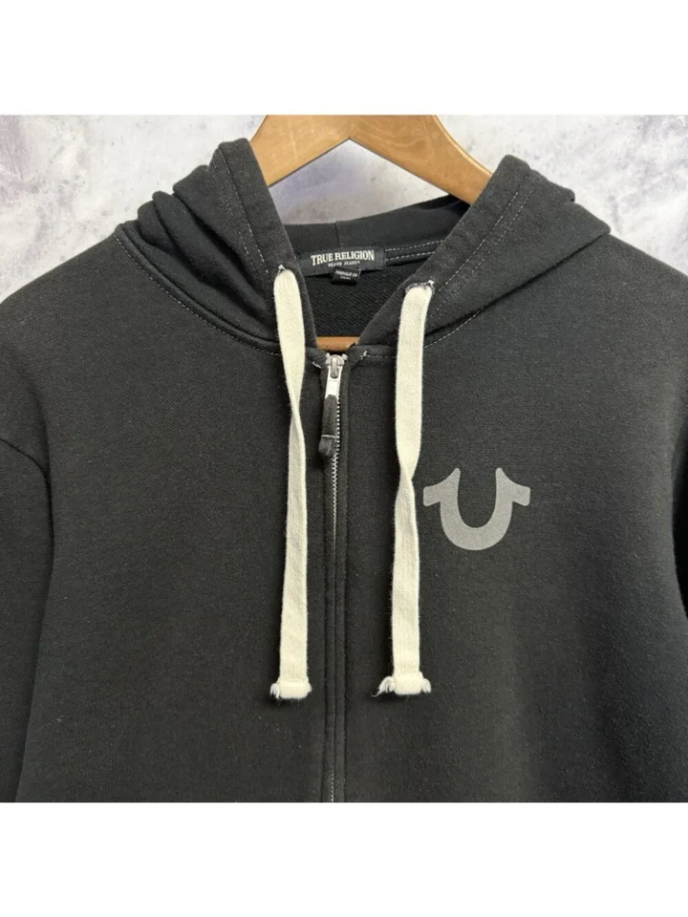 True Religion Black Zip Hoodie with Cream Drawcords